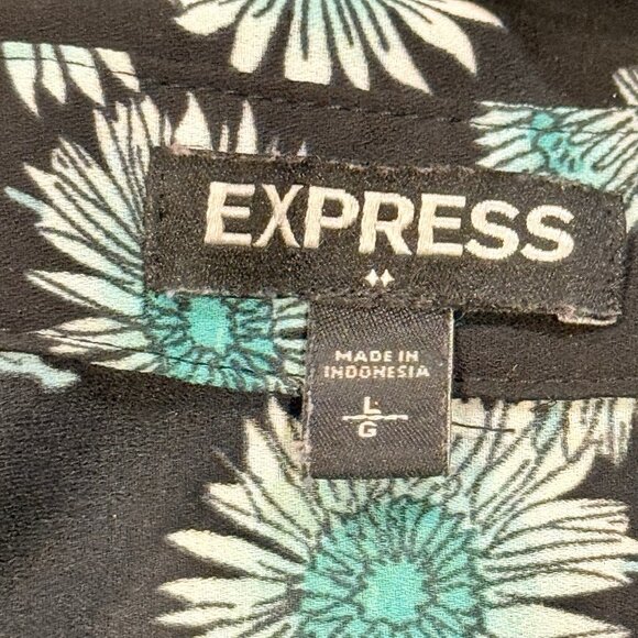 Express Portofino Teal & Black Floral Roll Tab Long Sleeve Womens Top Size Large - Picture 6 of 9